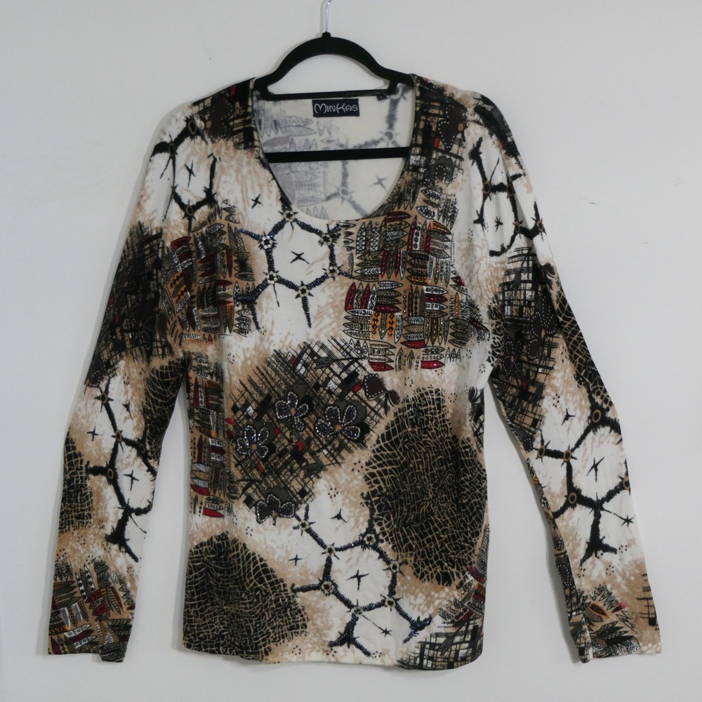 Minkas Womens Top L Tan Black Abstract Beaded Long Sleeve Art to Wear Eclectic